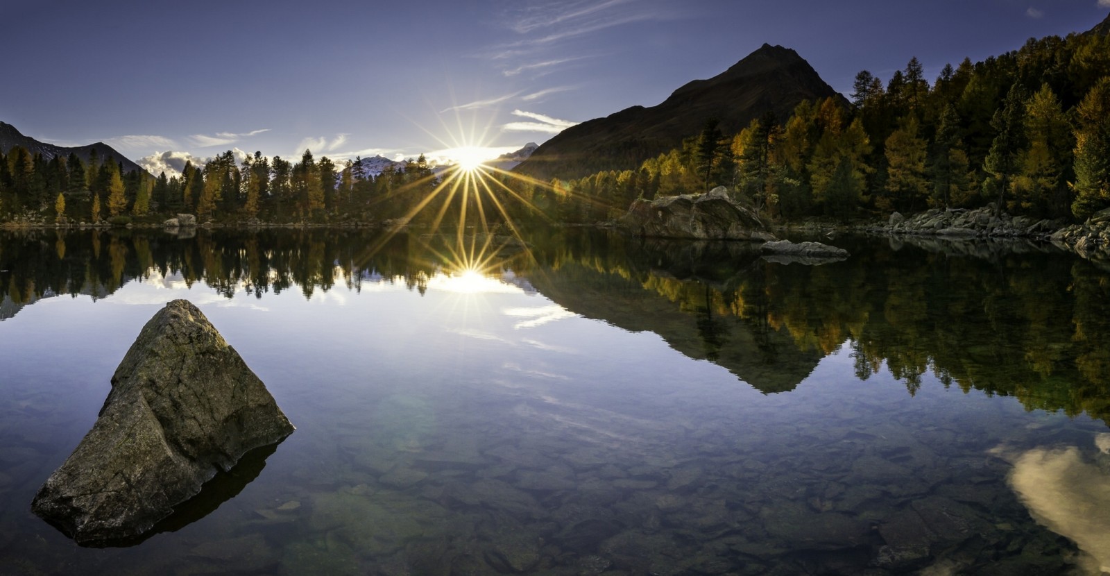 ฤดูใบไม้ร่วง, ประเทศสวิสเซอร์แลนด์, ทะเลสาป, พระอาทิตย์ตกดิน, การสะท้อนกลับ, หิน, ภูเขา, ด้านล่าง
