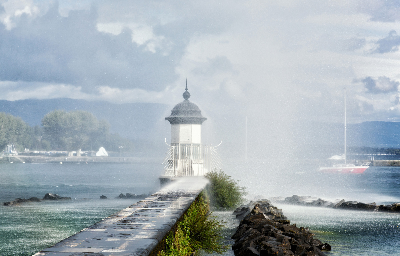 スイス, 湖, 灯台, 雨, 潮吹き, ジュネーブ湖