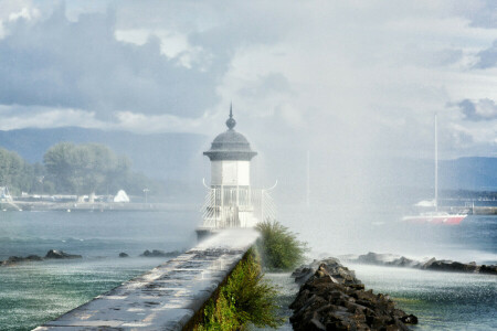 湖, ジュネーブ湖, 灯台, 雨, 潮吹き, スイス