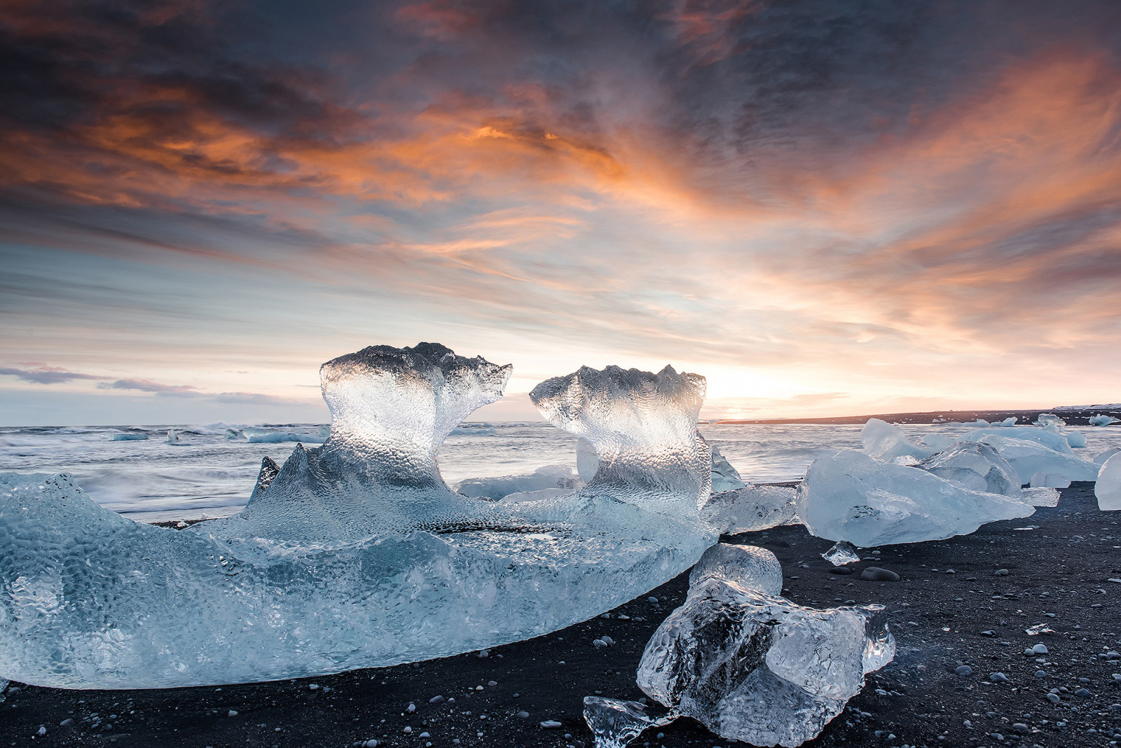 cahaya, Es, pantai, batu, laut, Islandia