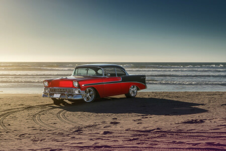 1956, ベルエア, 車, フロント, 古い, 海, 夏, 太陽