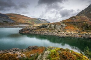musim gugur, danau, Llyn Peris, Snowdonia, Wales