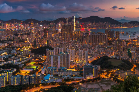 中国, 香港, 夜の街, パノラマ