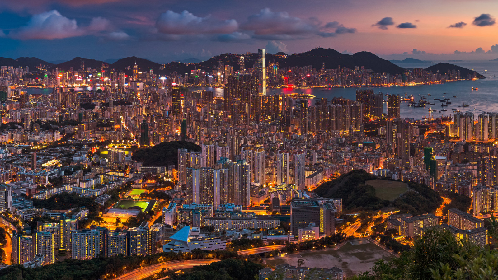夜の街, パノラマ, 中国, 香港