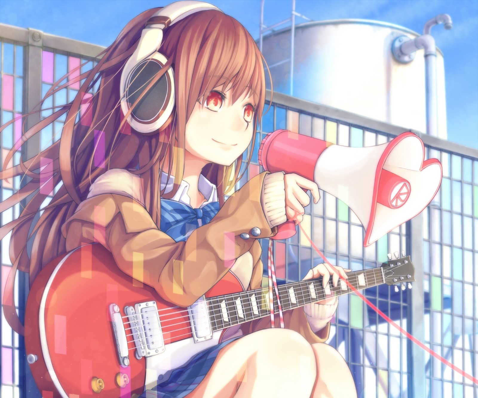 gadis, seni, anime, gitar, Headphone, pengeras suara, dararito