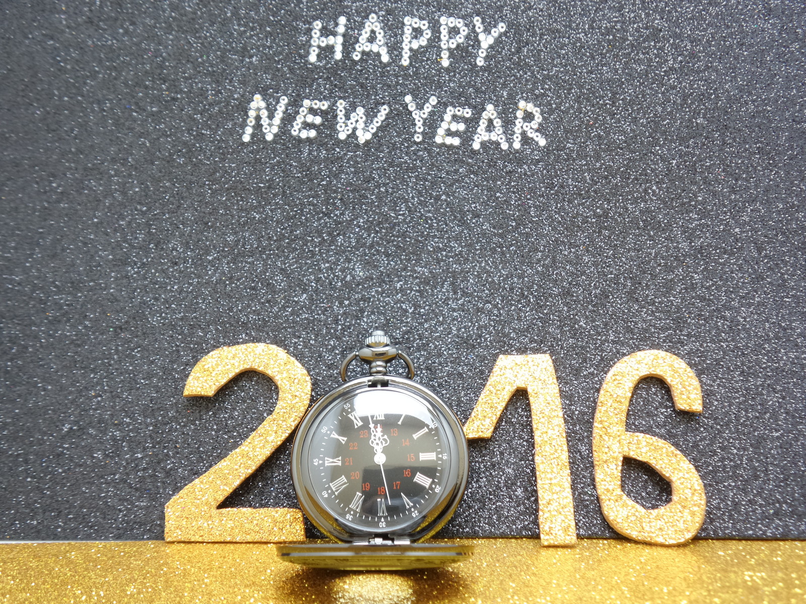 Năm mới, vui mừng, đồng hồ đeo tay, vàng, số liệu, 2016, long lanh