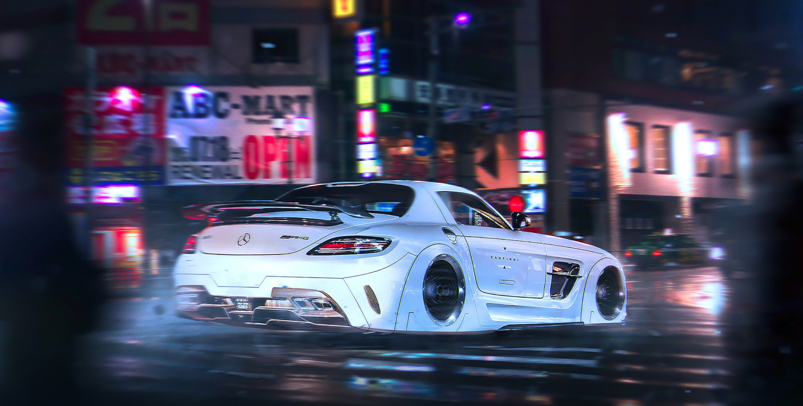 supercar, malam, putih, Mercedes-Benz, AMG, masa depan, penyetelan, oleh Khyzyl Saleem