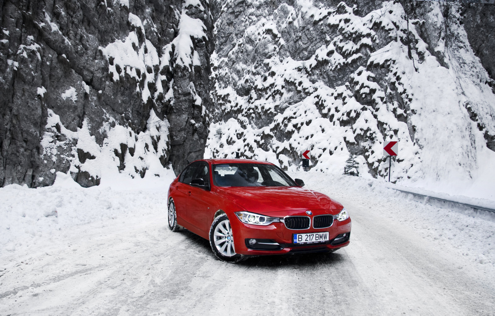 雪, 冬, 道路, 赤, 山, BMW, F30, 3シリーズ