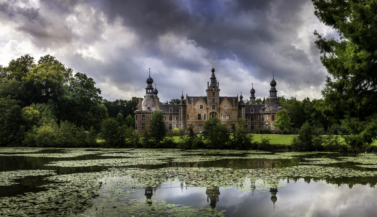 Taman, pohon, awan, Kastil, kolam, Belgium, Kastil Ooidonk