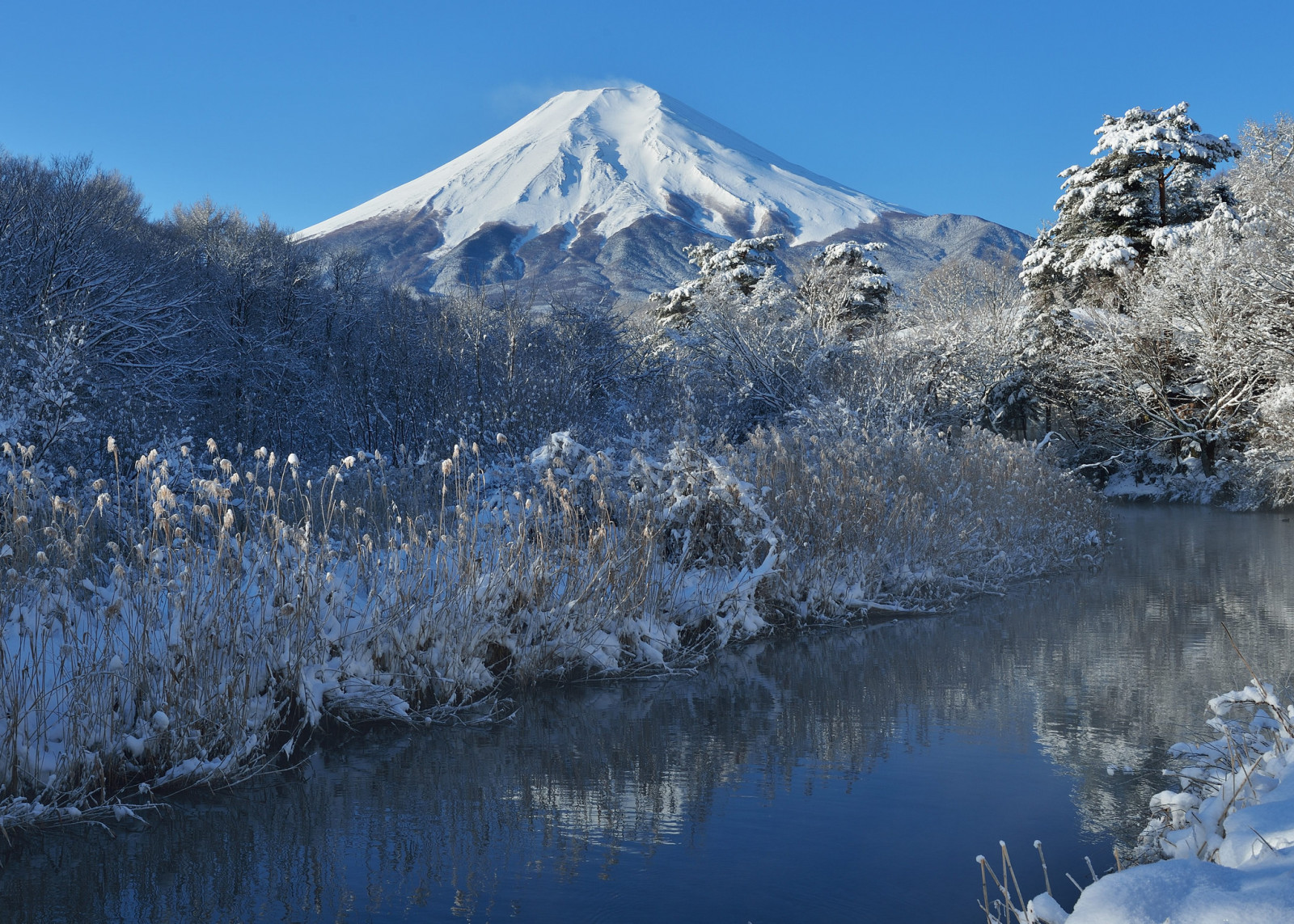 salju, alam, langit, sungai, Gunung, musim dingin, pohon, Jepang