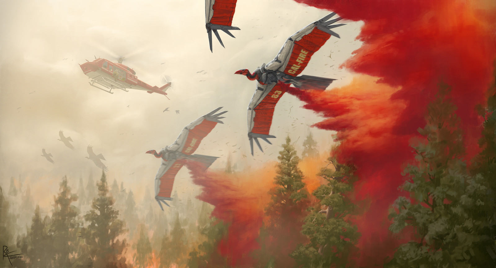 rừng, nghệ thuật, ngọn lửa, chim, robot, máy bay trực thăng, Robert Chew