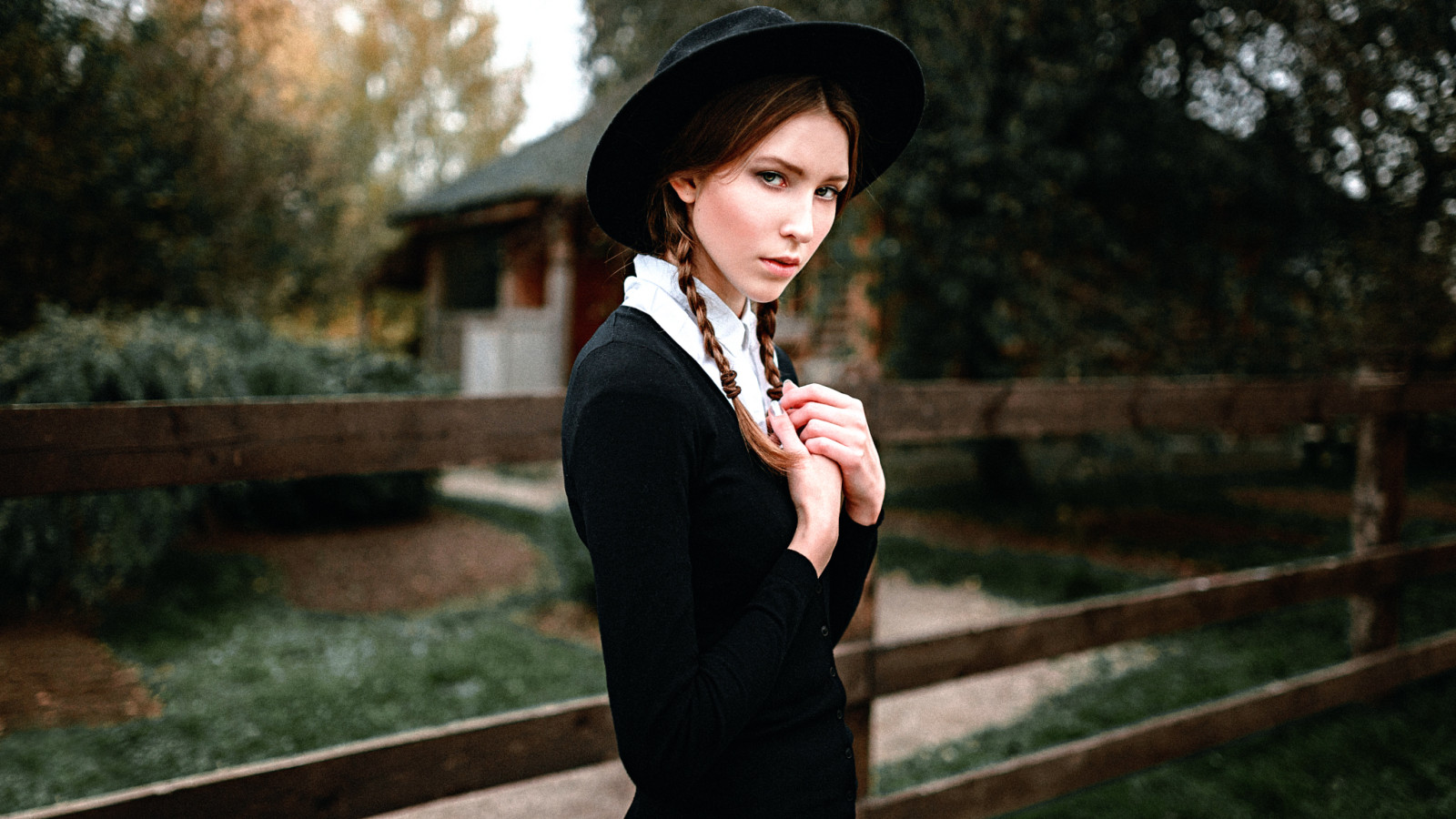 gadis, kepang, topi, Amish
