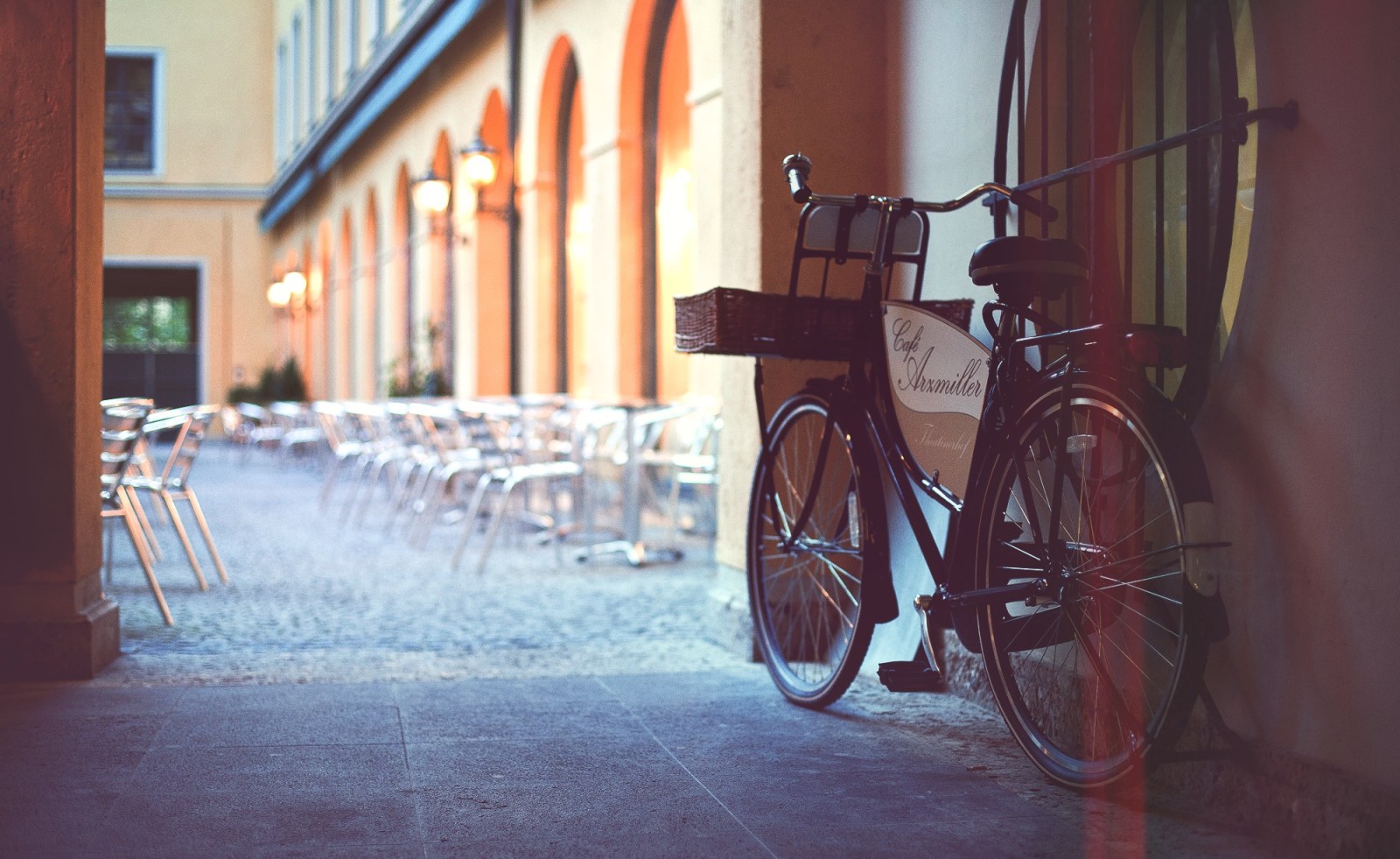 thành phố, xe đạp, quán cà phê, sân trong