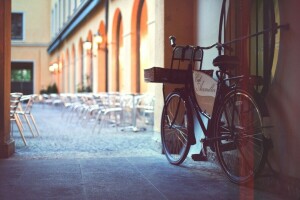 自転車, カフェ, パティオ, 都市