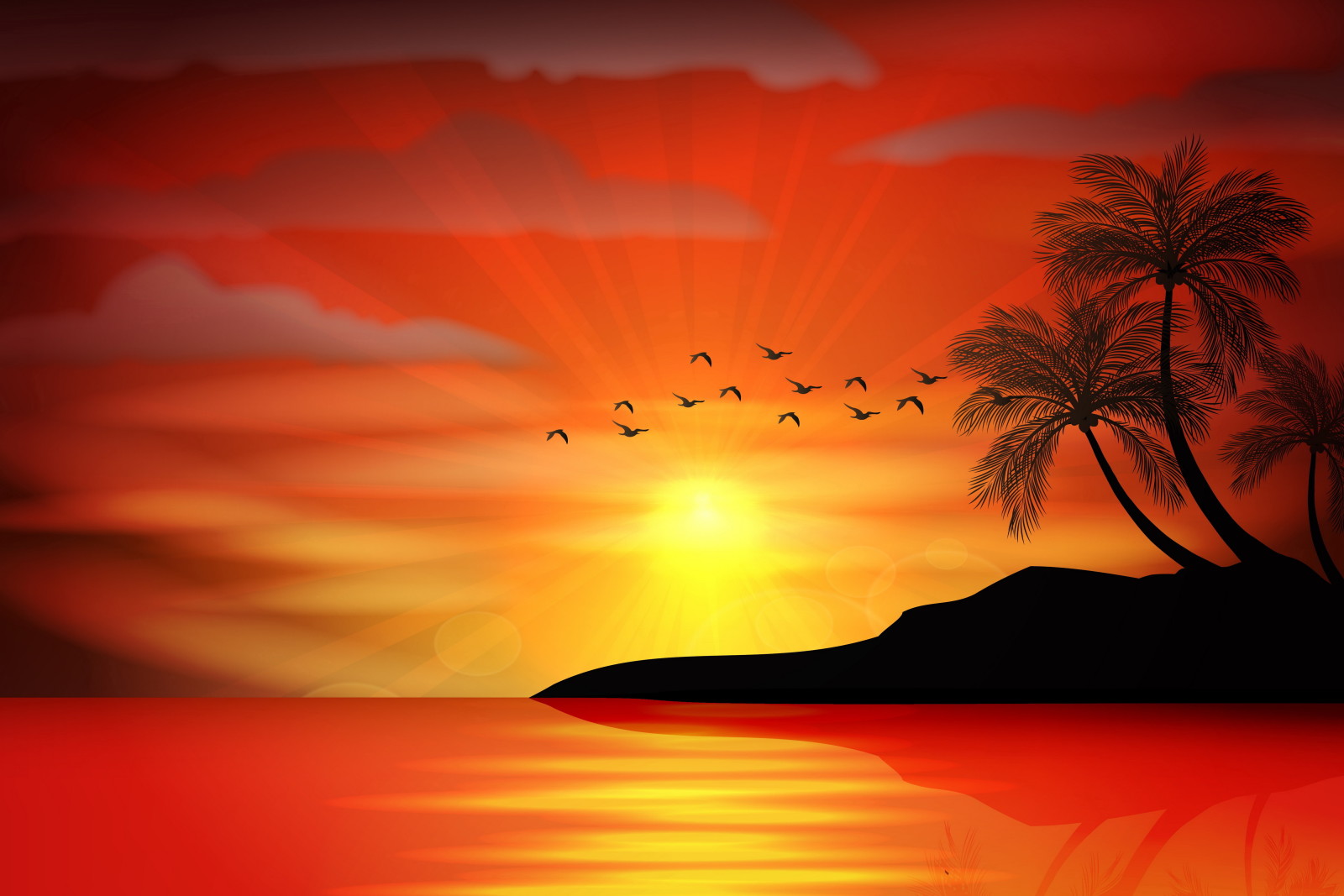 日落, 海, 岛, 棕榈树, 向量, 热带, 手掌, 天堂
