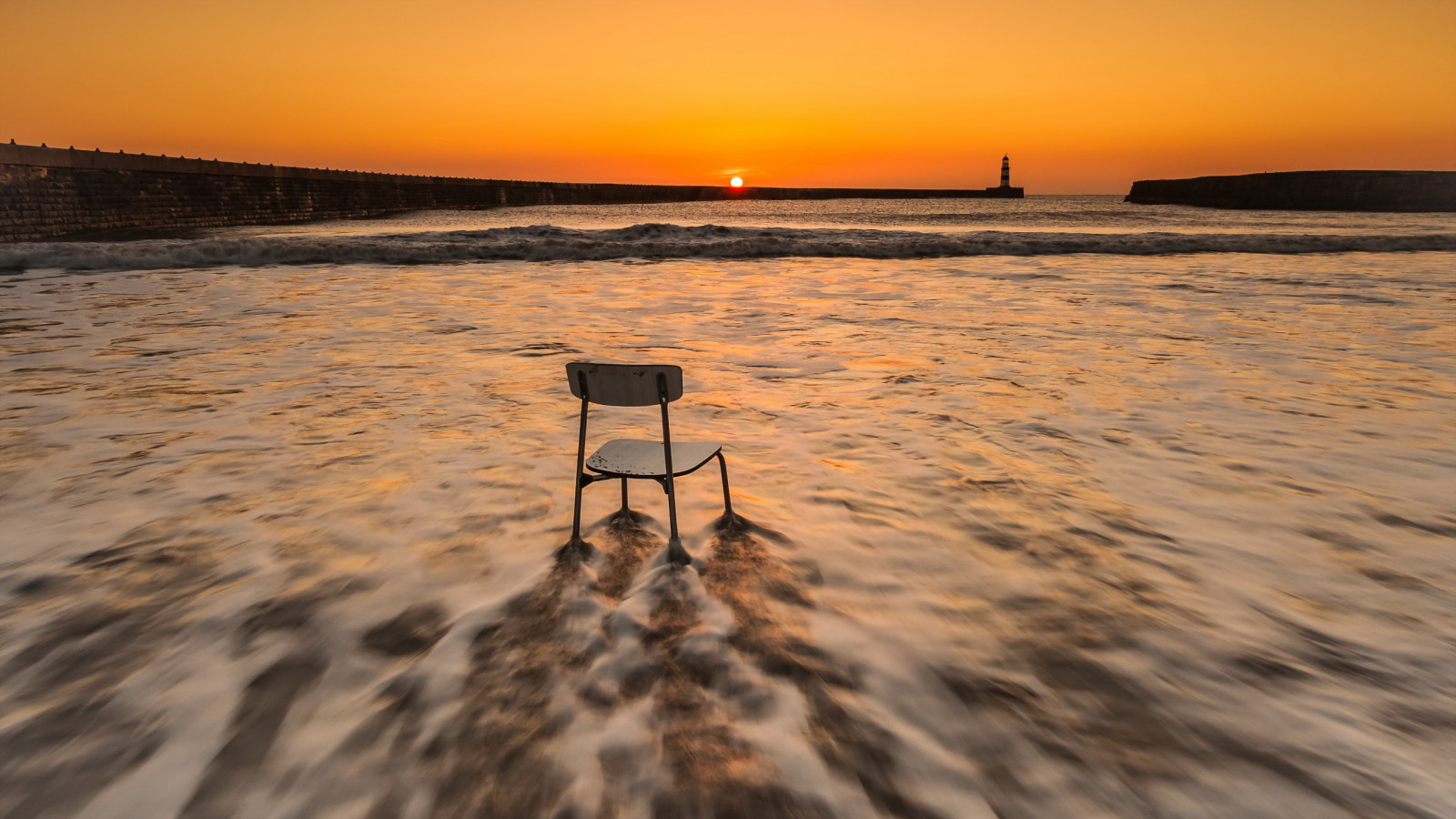 matahari terbenam, laut, kursi