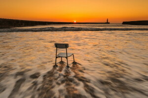 椅子, 海, 日没