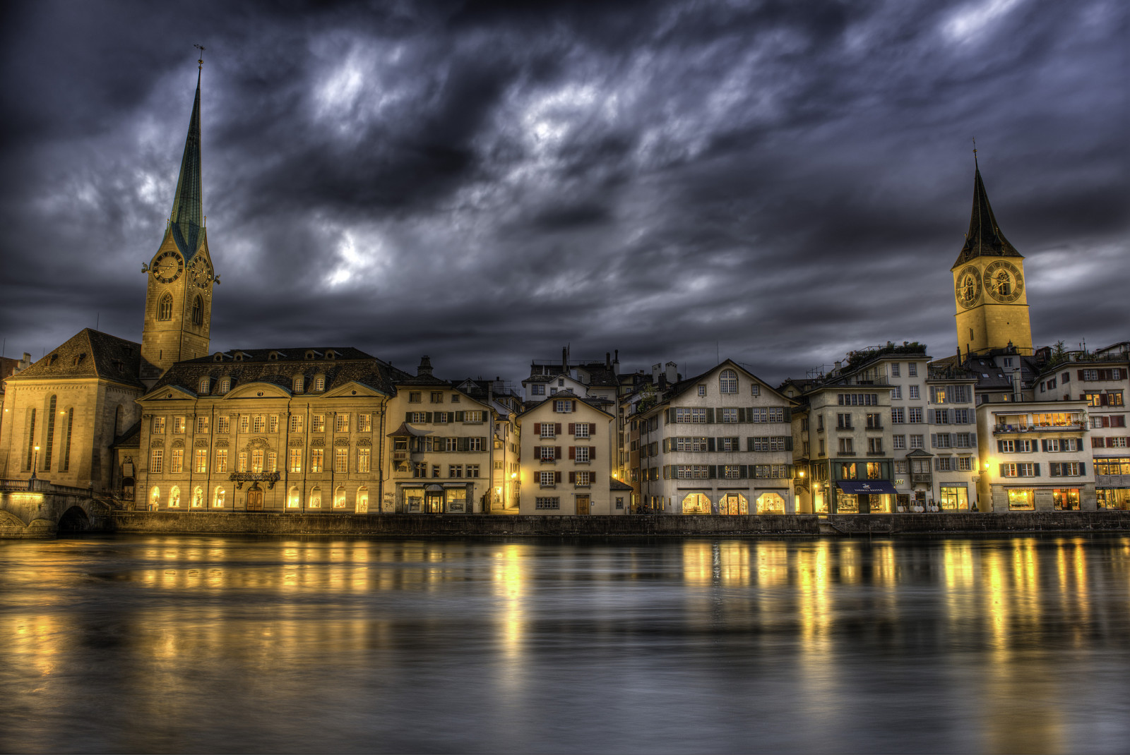 Thụy sĩ, đèn, những đám mây, Trang Chủ, Hoàng hôn, Zurich, sông Limmat