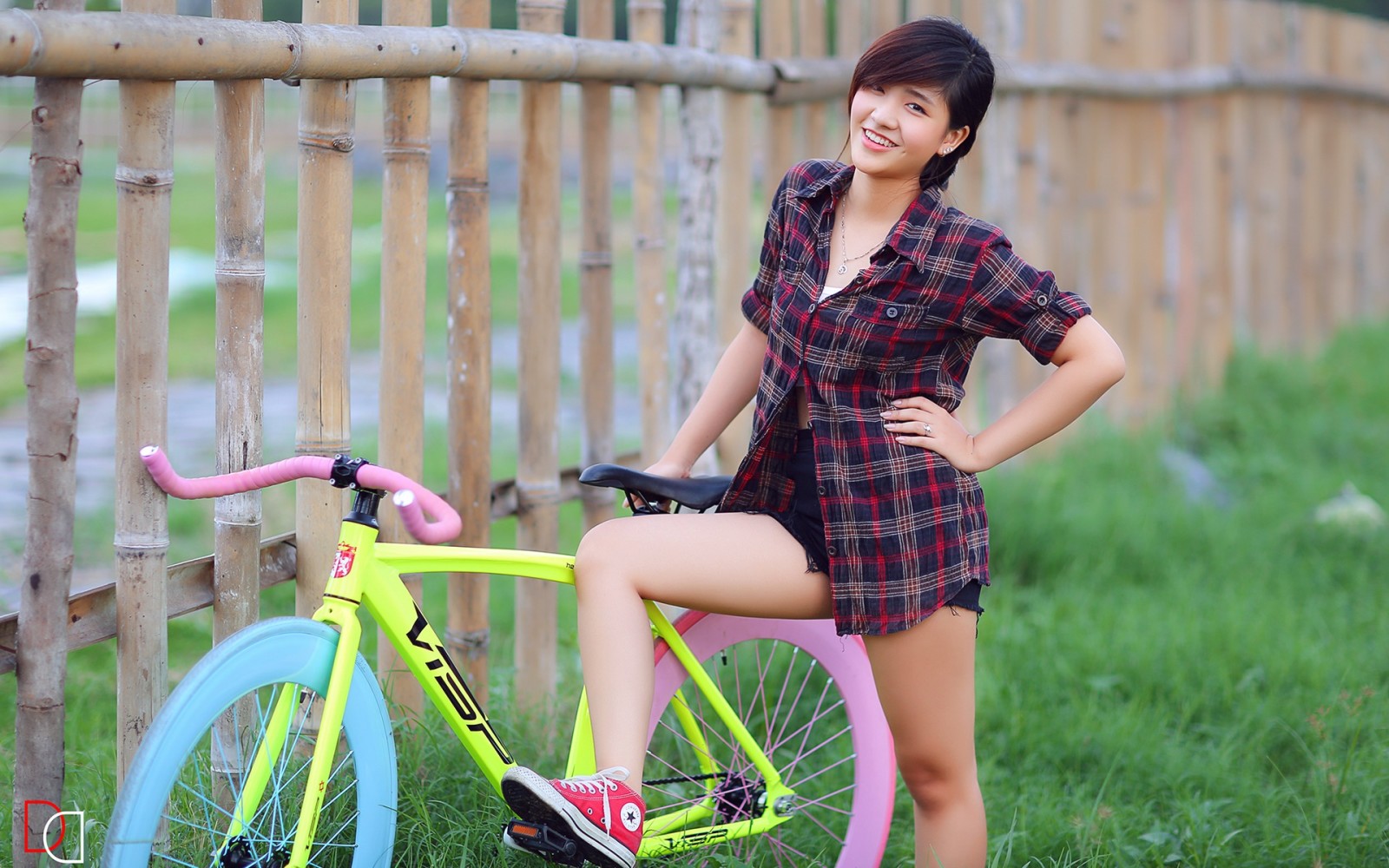 夏季, 女孩, 微笑, 自行车, 亚洲人