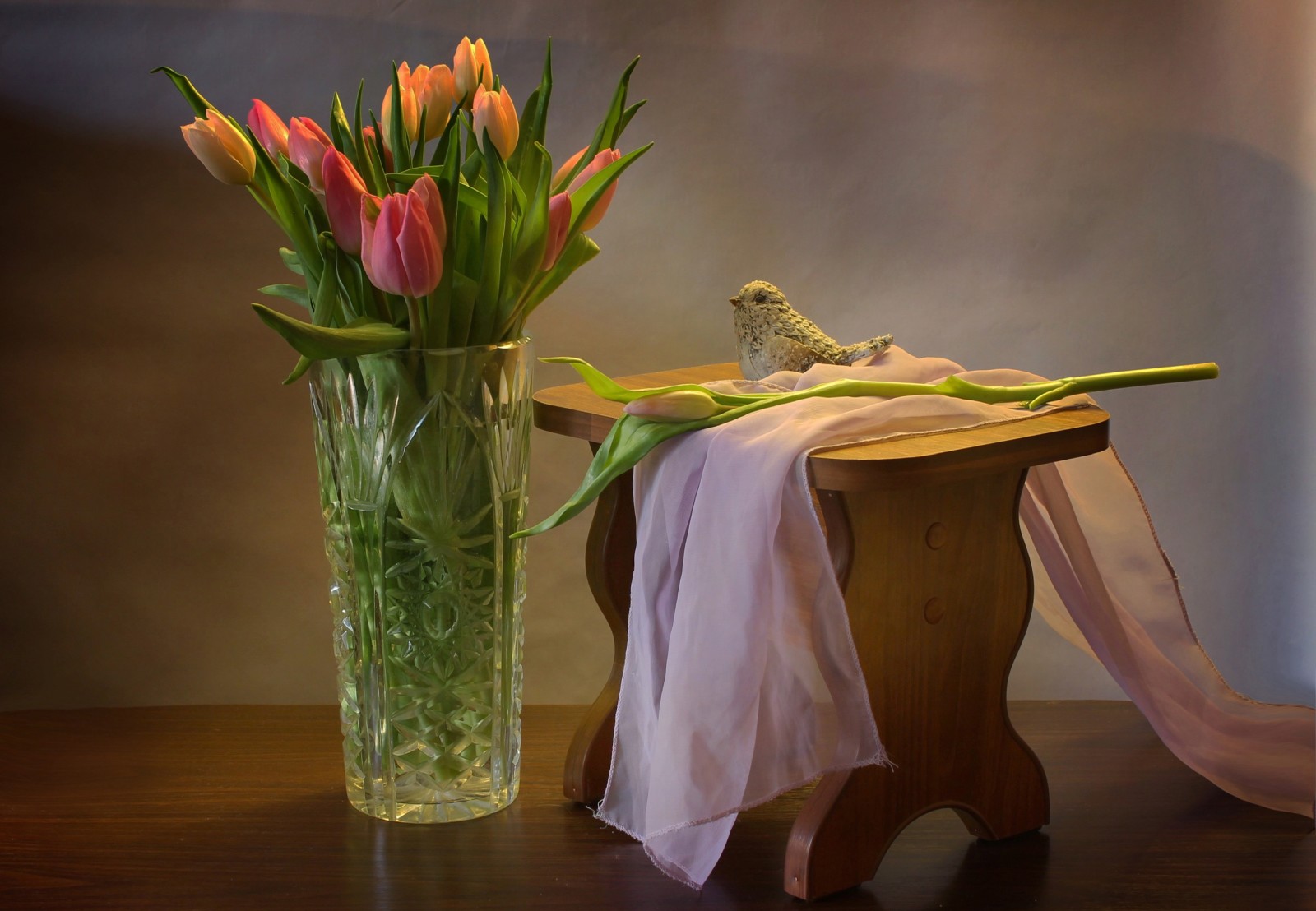 Hoa tulip, sợi vải, chim, cái bình hoa