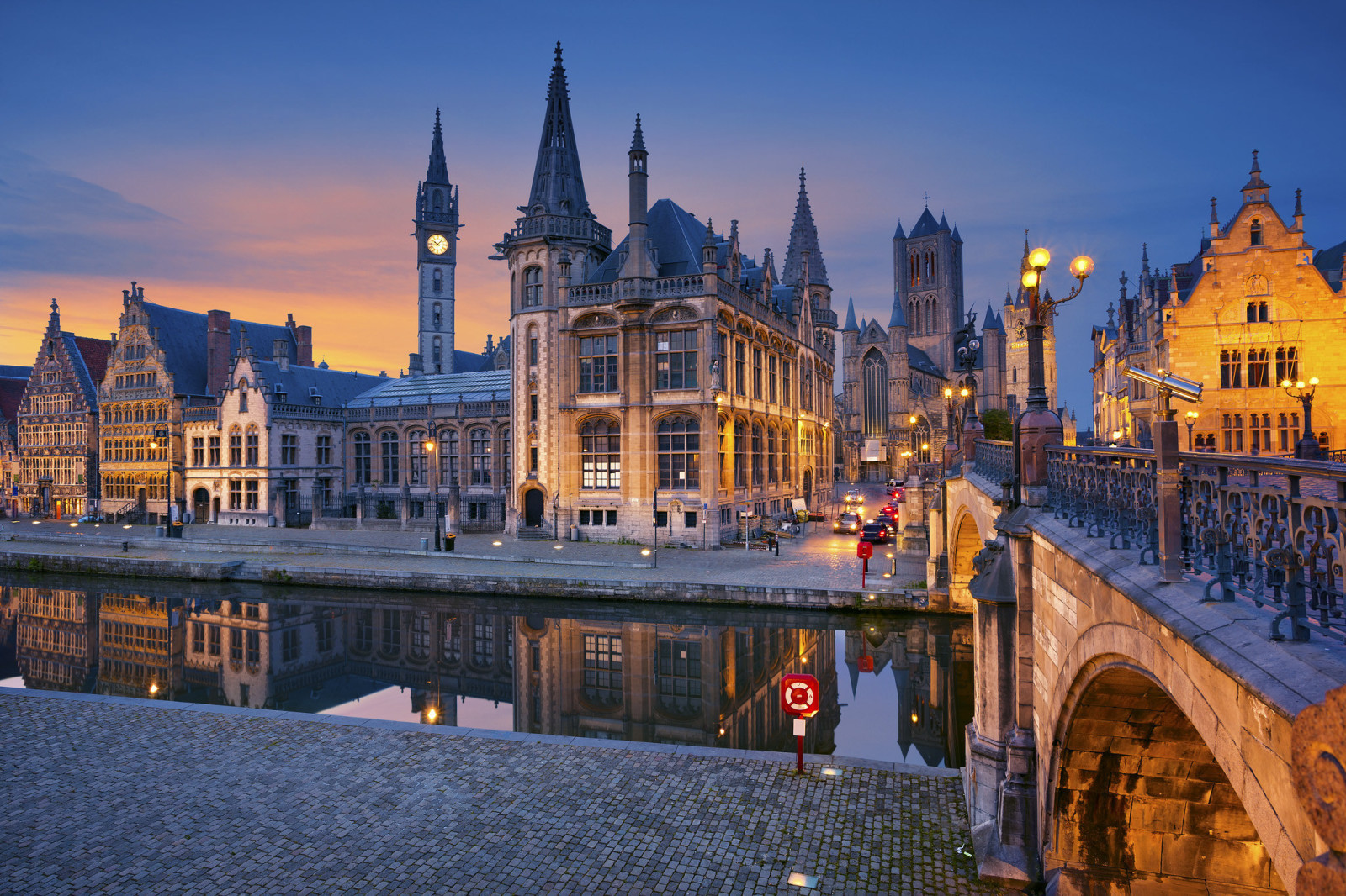 sungai, lampu, malam, rumah, Jembatan, Belgium, Ghent, Flanders