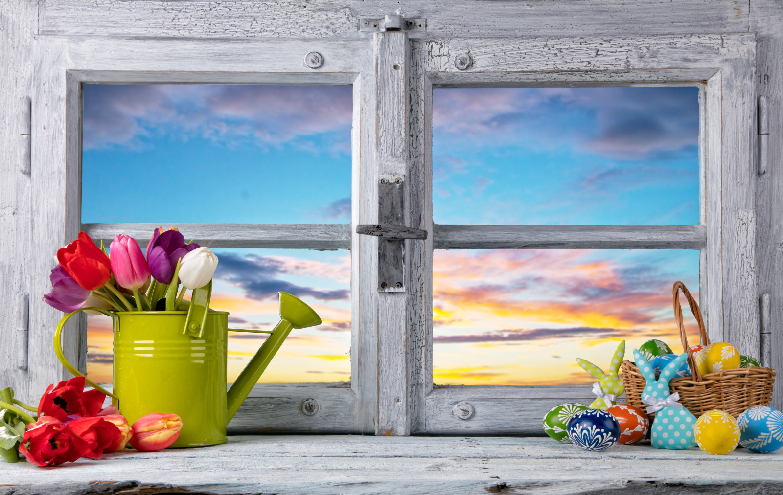 trang trí, trứng, vui mừng, những bông hoa, mùa xuân, Hoa tulip, cửa sổ, lễ Phục sinh