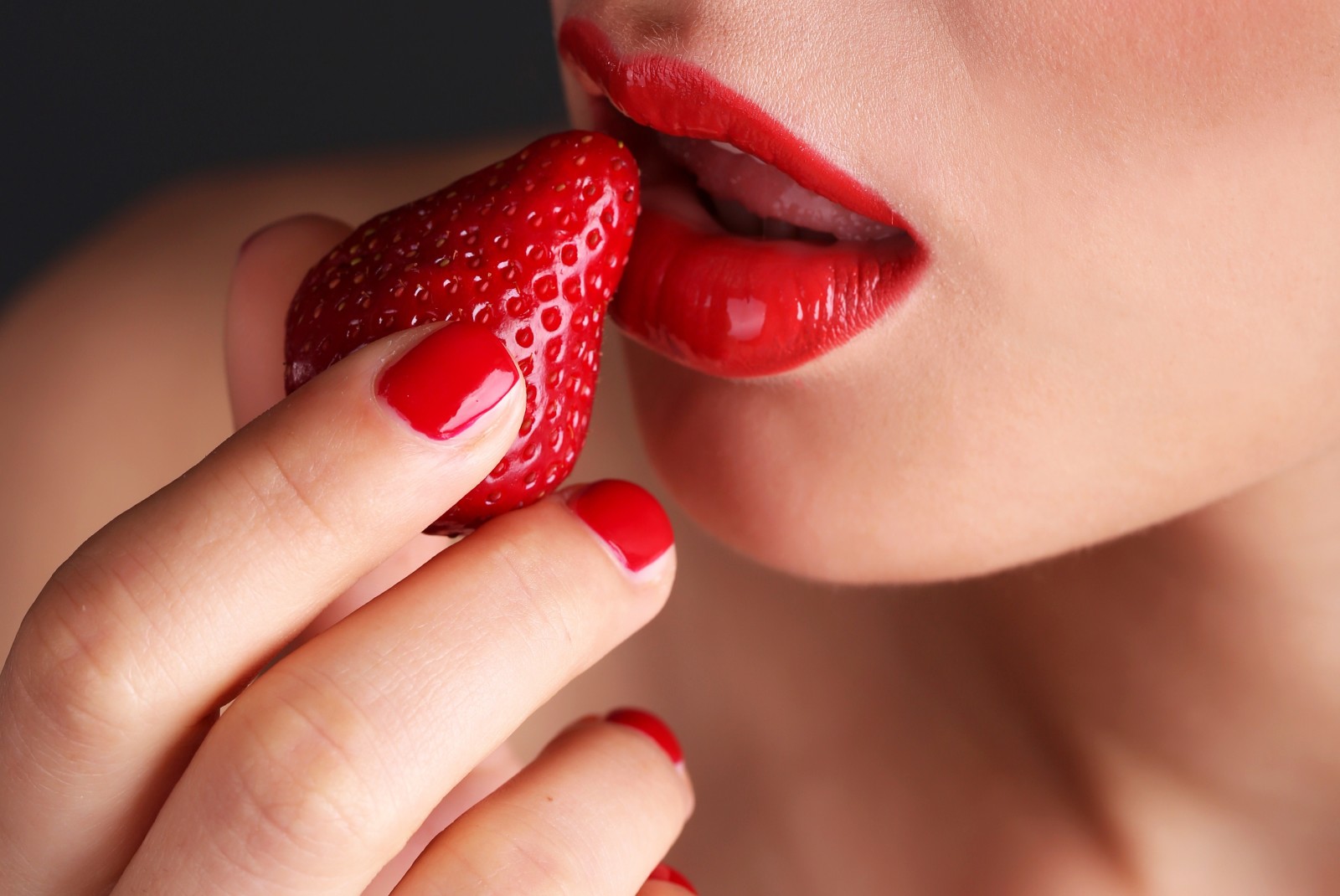 女孩, 嘴唇, 草莓, 浆果