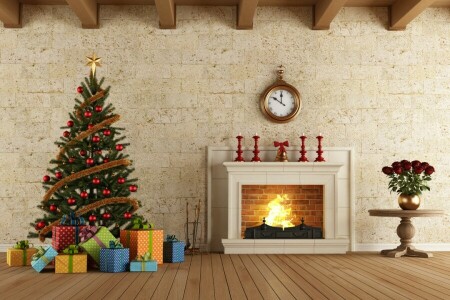 ボード, 暖炉, プレゼント, インテリア, 新年, レンダリング, バラ, 木