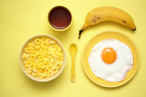 バナナ, 朝ごはん, 穀物, 卵, 黄色の朝食