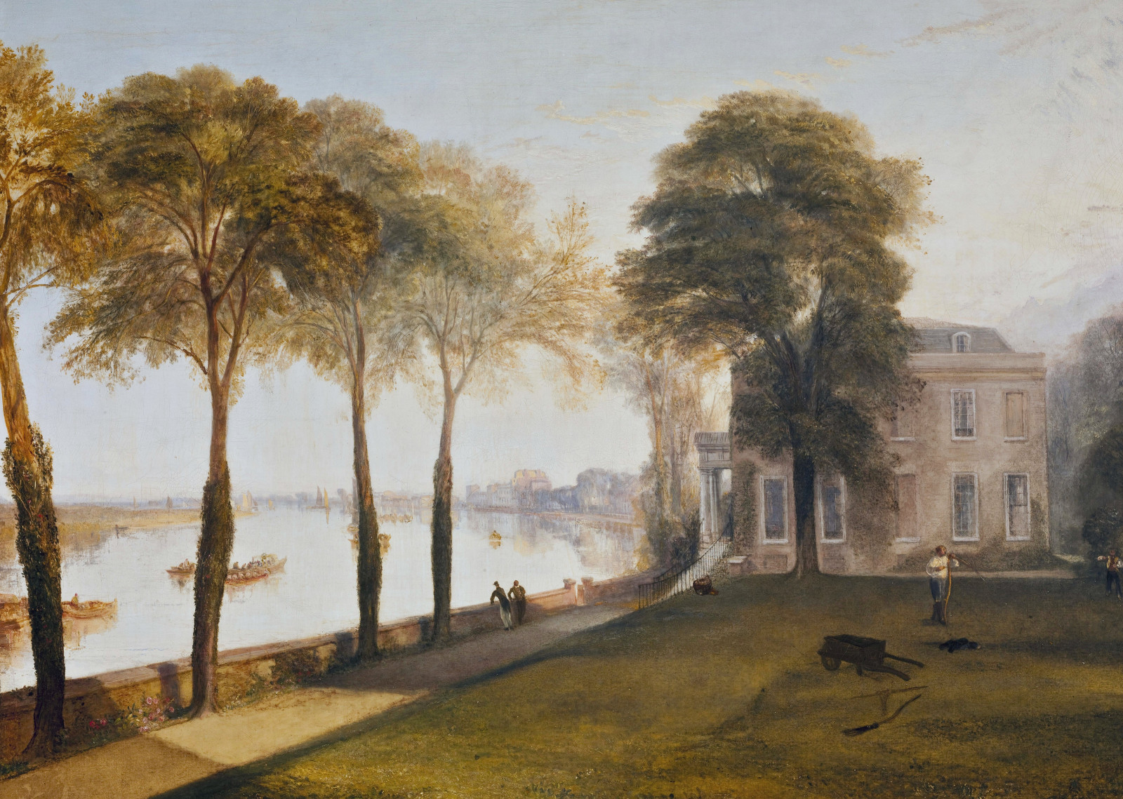 rumah, sungai, pemandangan, pohon, gambar, William Turner, Pagi Musim Panas Awal, Mortlake Terrace