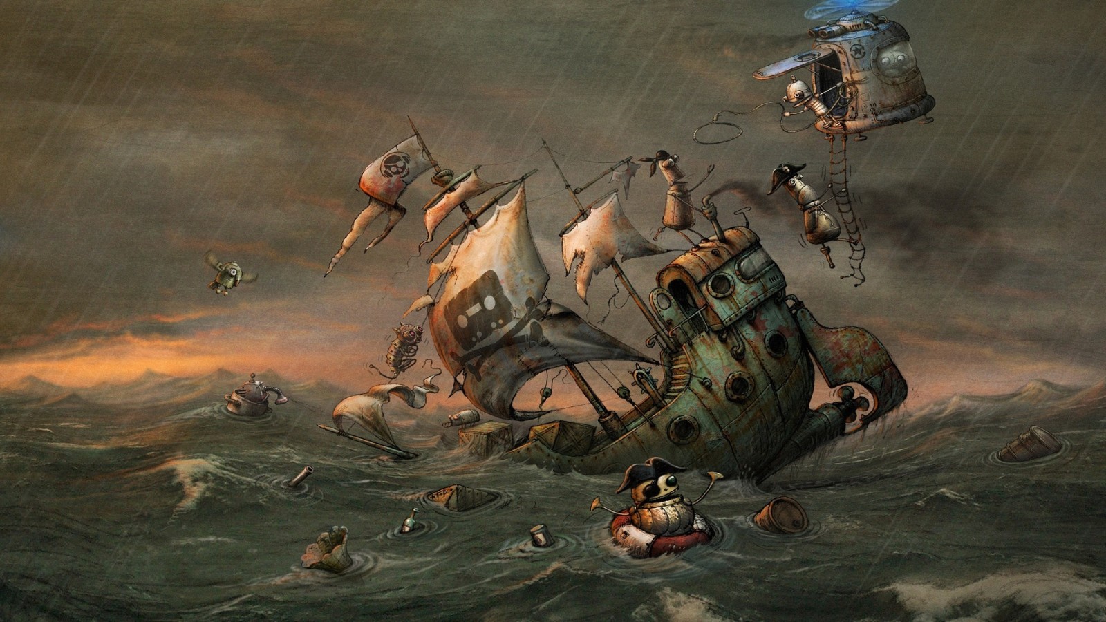 biển, nghệ thuật, tàu, robot, máy bay trực thăng, bão táp, Hải tặc