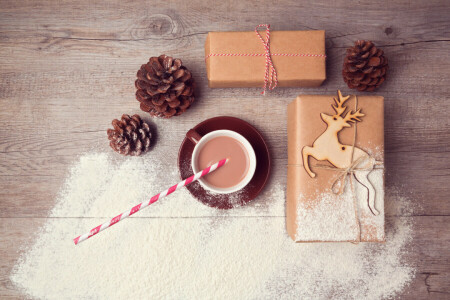 크리스마스, 장식, 선물, 명랑한, 새해, 목재
