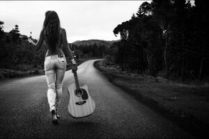 pantat, hutan, gadis, gitar, jeans, jalan