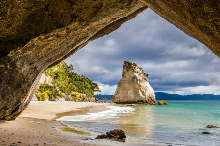 연안, 뉴질랜드, 바위, 모래, 바다, 돌