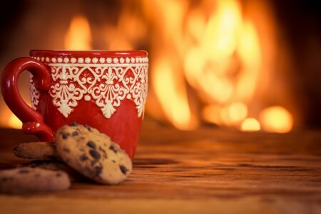 커피, 쿠키, 컵, 귀엽다, 불, 난로, 뜨거운, 겨울