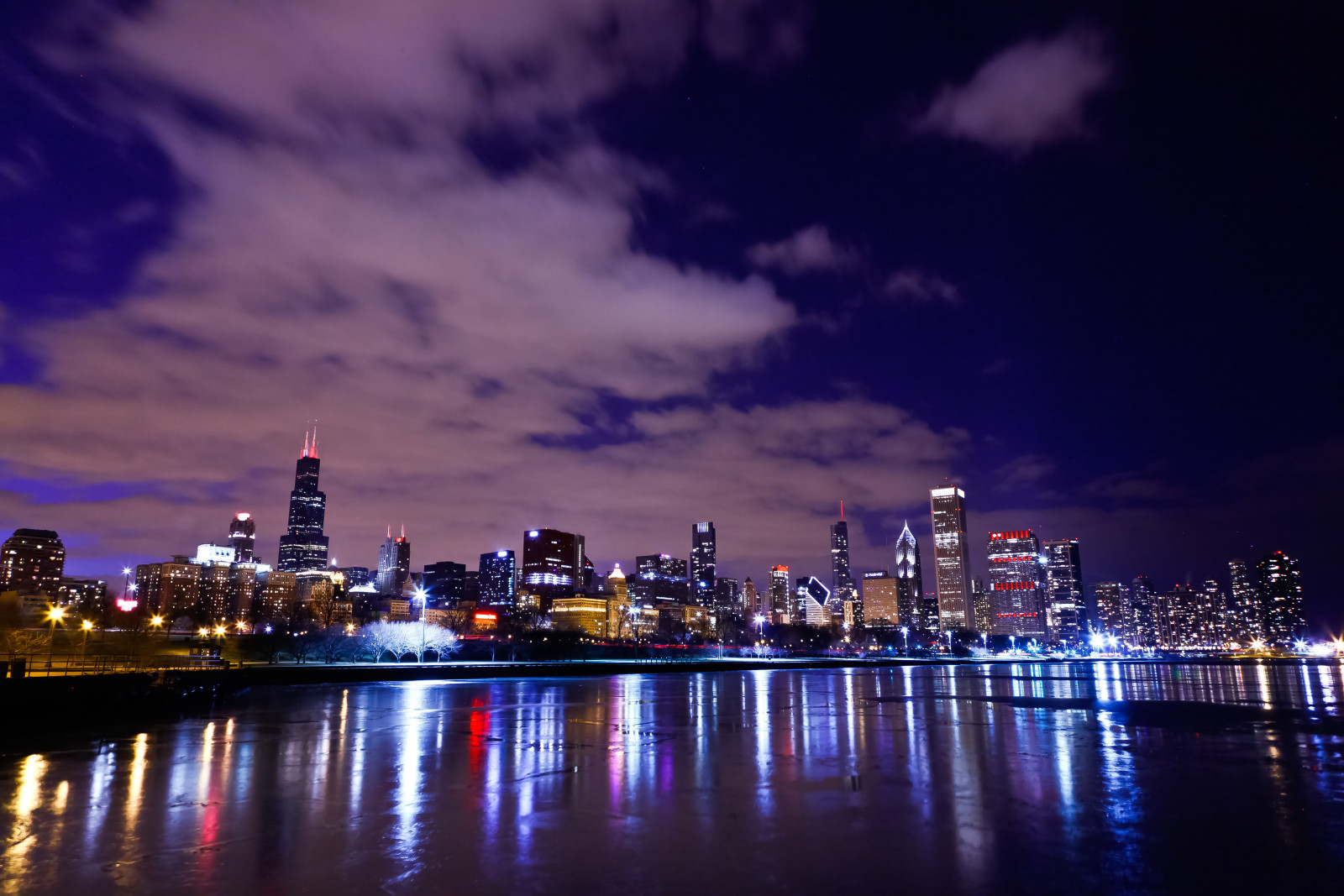 gedung pencakar langit, lampu, malam, Amerika Serikat, berjalan kaki, Chicago, Illinois, Danau Michigan