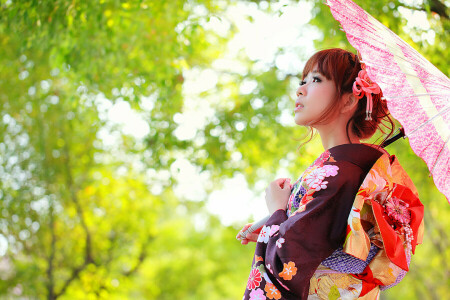 아시아 사람, 의류, 얼굴, 키모노, 우산