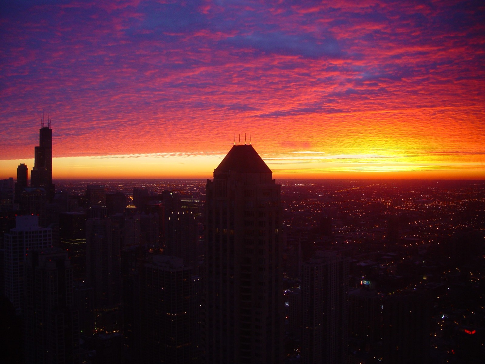 ท้องฟ้า, ตอนเย็น, พระอาทิตย์ตกดิน, ตึกระฟ้า, ไฟ, สหรัฐอเมริกา, เมืองชิคาโก, รัฐอิลลินอยส์
