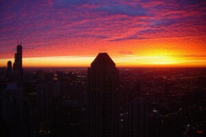 シカゴ, イリノイ州, ライト, 超高層ビル, 日没, 夜, 空, 米国