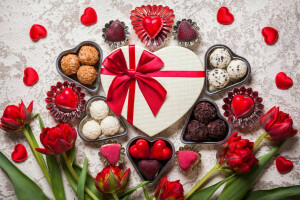 사탕, 꽃들, 마음, 튤립, 발렌타인 데이