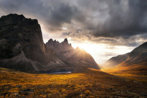 musim gugur, awan, gunung, batu, matahari terbenam, Yukon