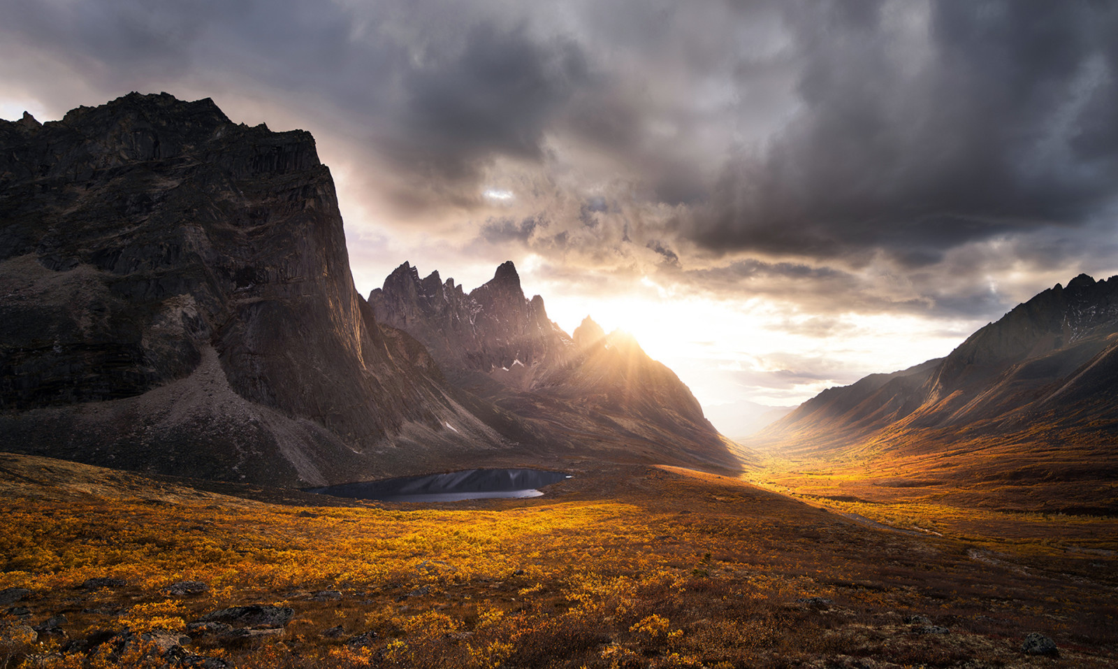 musim gugur, matahari terbenam, awan, gunung, batu, Yukon