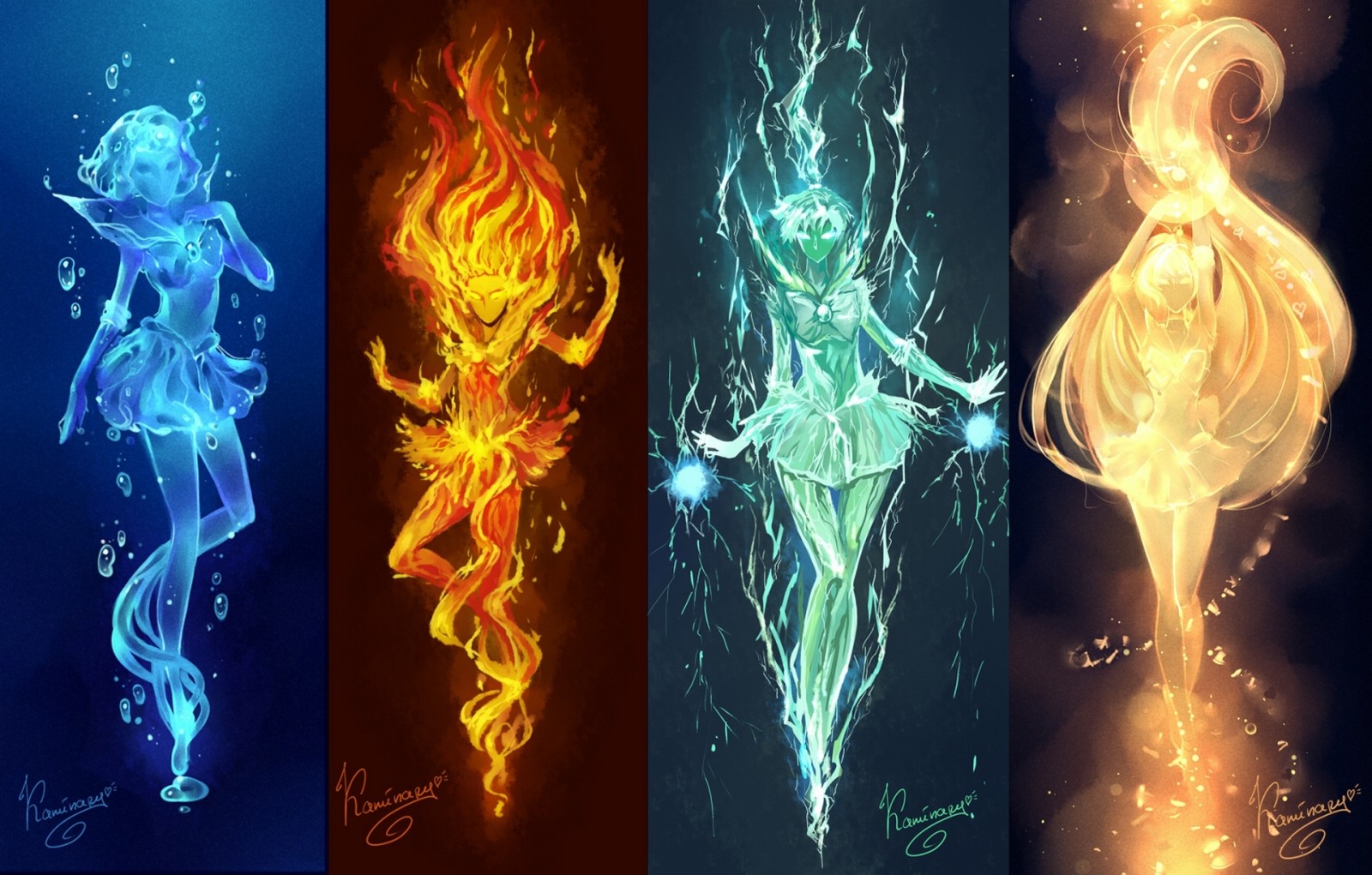 cahaya, perempuan, seni, air, api, anime, listrik, elemen