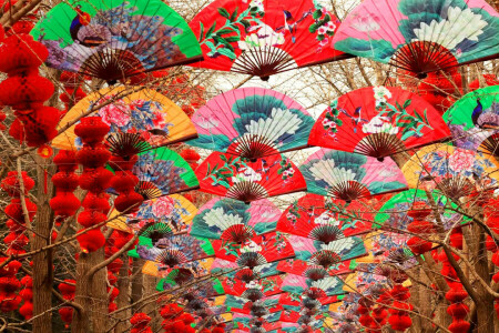 베이징, 중국, 부채, 초롱, 봄 축제, 나무