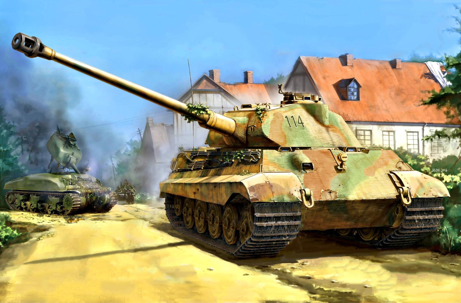 jalan, Wehrmacht, Perang Dunia Kedua, belukar, merokok, Depan barat, Batalyon Panzer Berat 503, М4 Sherman