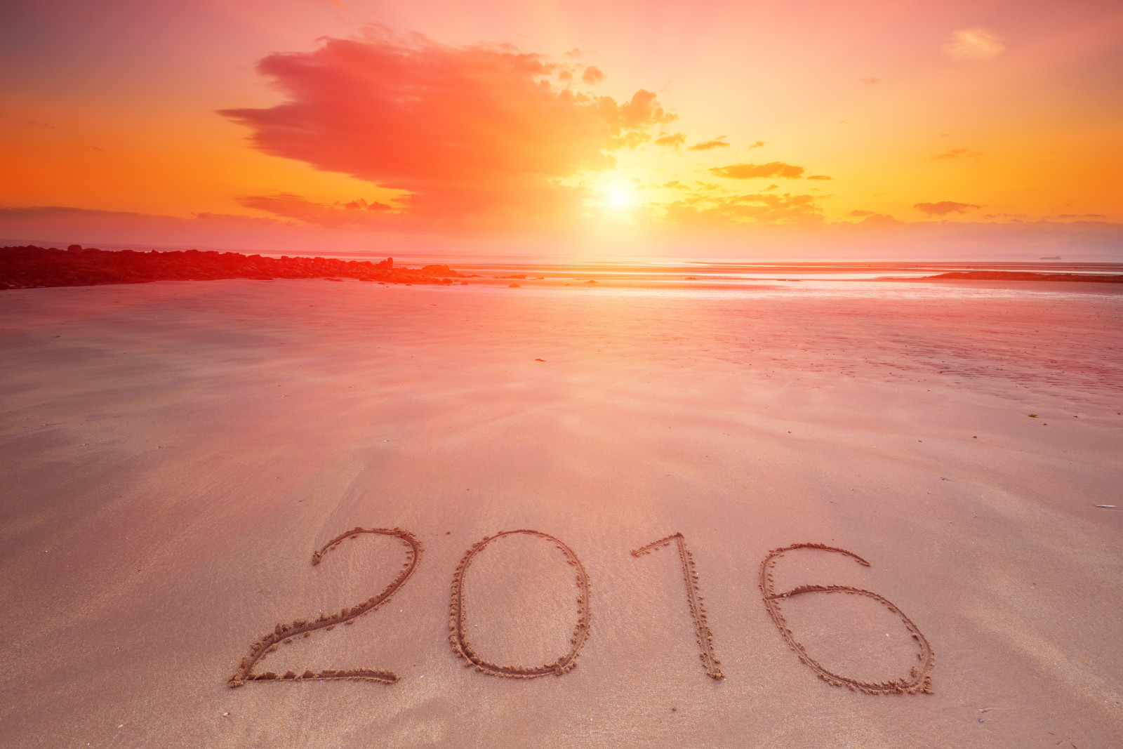 Tahun baru, matahari terbenam, pantai, laut, senang, pasir, angka, 2016