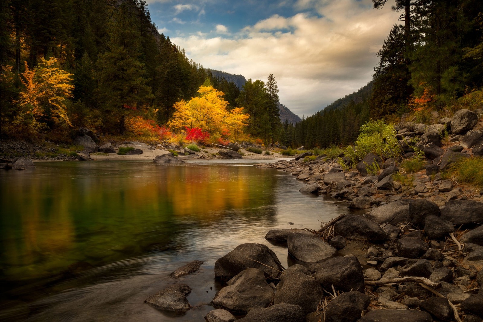 秋季, 森林, 河, 石头, 丘陵, 道格·希勒（Doug Shearer）