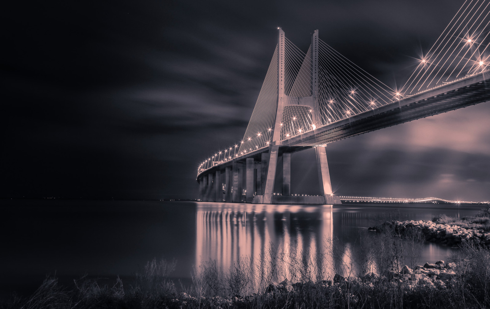 lampu, malam, Jembatan, Portugal, dukung