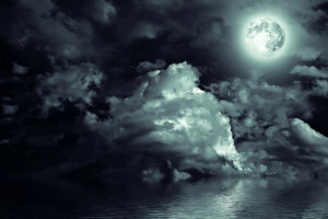 구름, 경치, 빛, 밤, 바다, 달, 하늘