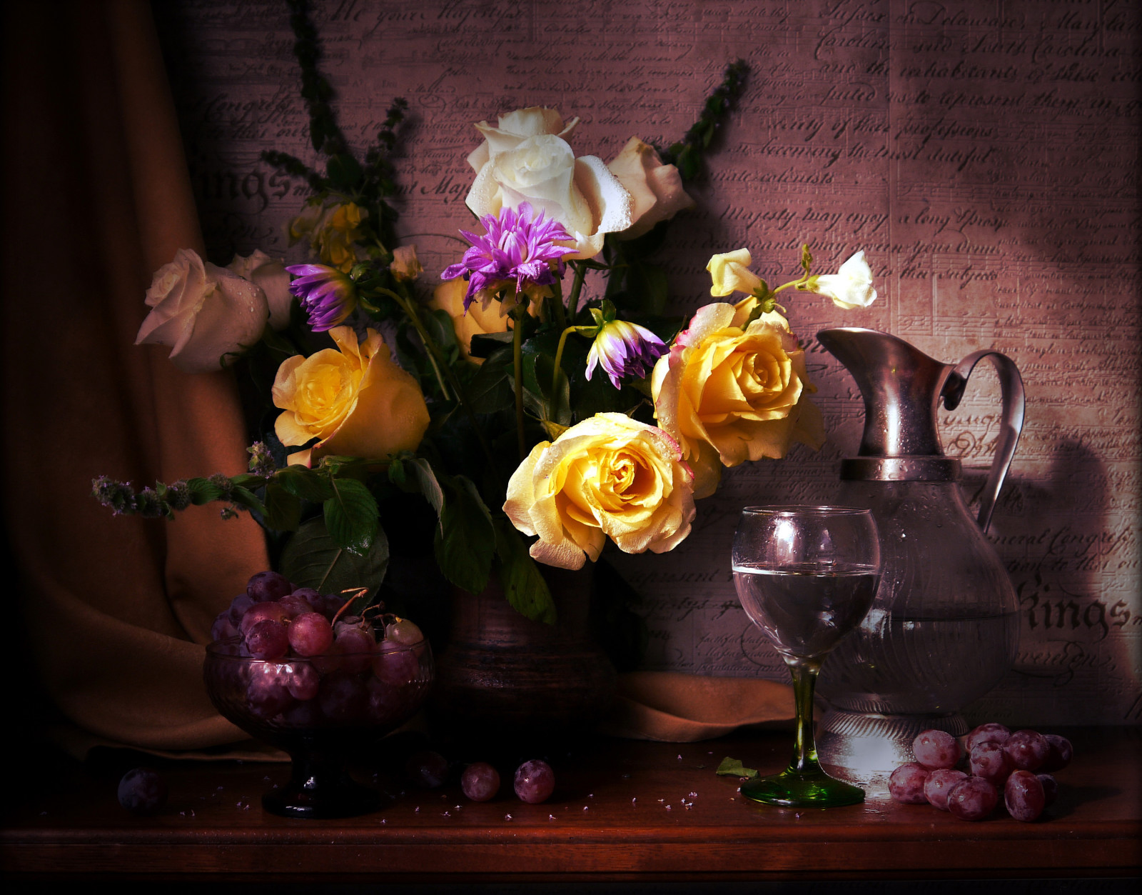 Masih hidup, mawar, peony, bunga-bunga, kacamata, foto, vas, kendi